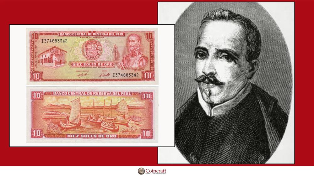 Peru 10 Soles Honouring Garcilaso Inca de la Vega (a former chronicler) - Coincraft